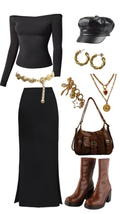 #maxiskirt #blackooutfit Earthy Outfits, Cute Everyday Outfits, Fashion Fits, Retro Outfits, Beautiful Gowns, Types Of Fashion Styles, Cute Fits