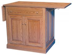 a wooden kitchen island with two doors and cupboards on one side, in front of a white background