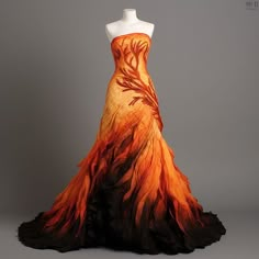 Catness Everdeen Fire Dress, Fire Dress Gowns Ball, Sunset Dress Gowns, Fire And Ice Formal Dress, Fire And Ice Prom Theme Dress, Autumn Inspired Fantasy Dress, Fire Inspired Gown, Flame Dress Gowns, Fire Prom Dress