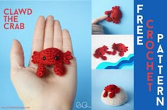 there is a crocheted red crab on the hand