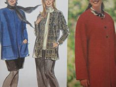 two women's coats and one woman's coat are shown in three different patterns