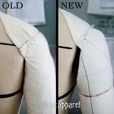 an old and new mannequin's back with black stitching on it