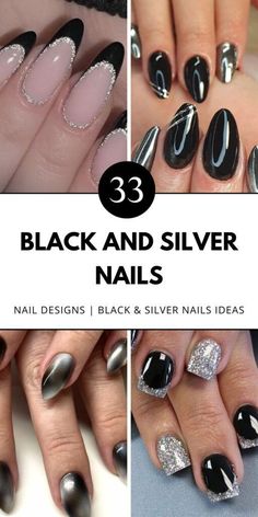 Discover creative nail designs, from classic almond shapes to bold short styles. Add sparkle to your look with red, blue, or white accents. Save this pin now! Black And Silver Nail Art, Silver Nail Designs, Trendy Nail Designs, Silver Nail Art, Chic Nail Art, Silver Nail