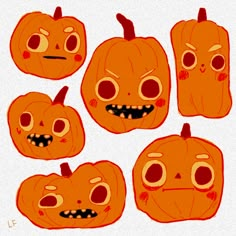 six pumpkins with faces drawn on them