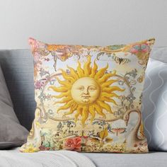 the sun is shining above some flowers and birds throw pillow