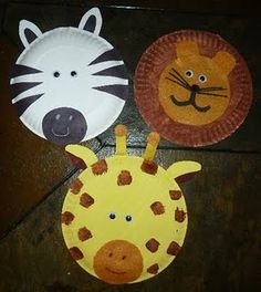 three paper plates with animals and zebras on them