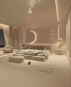 a bedroom with white furniture and stars on the ceiling