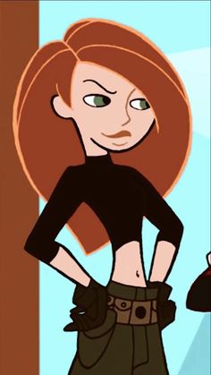 an animated woman with red hair and green eyes is standing in front of a window