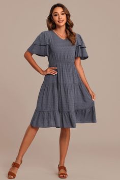 Flowy Knee-length Ruffle Dress For Summer, Summer Dresses With Ruffle Hem And Flutter Sleeve, Summer Sundress Midi Length Ruffle Dress, Flowy Midi Dress With Ruffle Sleeves For Summer, Summer Sundress With Midi Length Ruffles, Summer Sundress With Ruffles, Midi Length, Summer Midi Sundress With Ruffles, Fit And Flare Ruffle Hem Summer Dress, Flowy Summer Midi Dress With Ruffle Sleeves