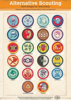 the front cover of an alternative scouting manual, featuring various badges for girls and boys