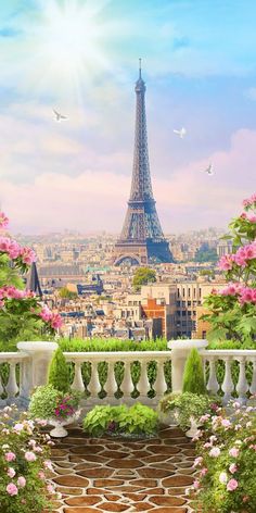 the eiffel tower is in the distance with pink flowers on it's balcony