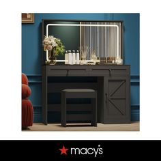 an advertisement for macy's with a dressing table and stool in front of it