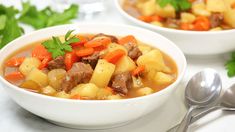 two white bowls filled with stew and carrots