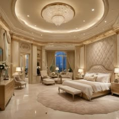 a luxurious bedroom with chandelier, bed and couches in it's center