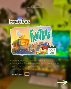 the menu for fruitbus is displayed in front of a computer screen with an arrow pointing to