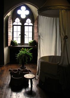 a bedroom with a canopy bed next to a window and potted plant in the corner