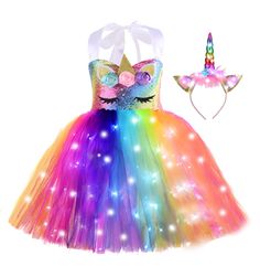 PRICES MAY VARY. Novel unicorn lighted outfits, every girl will be a beautiful princess! package including 1 lighted tutu dress(There is a cotton skirt lining under the tulle pieces section, more comfortable to wear) + 1 lighted unicorn headband MATERIAL: High quality sequin, shiny and not easy to fall off. Top lined with a silk like fabric, very soft and comfortable, 100% polyester. Colorful tulle strips, vibrant color and looks very fluffy, 100% nylon. There is a cotton skirt lining under the Halloween Birthday Party Decorations, Halloween Princess, Princess Tutu Dress, Baby Costumes Girl, Girl Birthday Decorations, Unicorn Dress, Unicorn Costume, Fabric Skirt, Lit Outfits