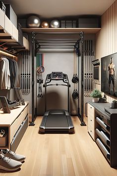 a room with a treadmill and lots of closet space