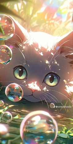 a cat is laying in the grass with bubbles