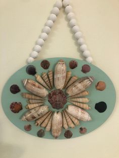 there are many seashells arranged in a circle on the wall hanging from a beaded necklace