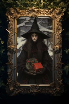 a painting of a woman dressed in black holding a red box with ivy on it