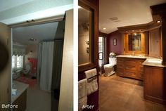 before and after photos of a bathroom remodel