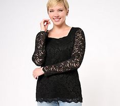 Exude ladylike charm in this lovely lace top. Perfect for formal occasions, it pairs well with dress pants and pumps. From Susan Graver. Elegant Stretch Tops With Lace Patchwork, Elegant Tops With Lace Patchwork And Stretch Fit, Elegant Stretch Lace Patchwork Blouse, Elegant Stretch Blouse With Lace Patchwork, Elegant Lace Patchwork Top For Fall, Elegant Lace Patchwork Blouse For Fall, Elegant Fall Blouse With Lace Patchwork, Elegant Fall Lace Patchwork Top, Chic Scalloped Lace Top For Fall