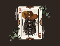 a card with a cowboy's hat and long hair on it, surrounded by plants