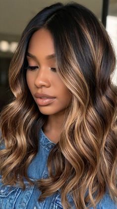 Gorgeous Sandy Highlights for Dark Skin 🌟 Light Brown Highlights Black Women, Caramel Highlights On Black Women, Dark Roots Blonde Hair Balayage Medium, Fall Weave Hair Color Black Women, Black Woman Highlights, Warm Brown Highlights On Dark Hair, Black Hair With Brown Highlights Caramel, Highlights For Dark Skin, Autumn Highlights For Brown Hair