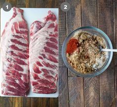 two raw meats on a cutting board with spices and seasoning