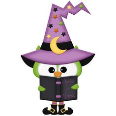 a cartoon penguin wearing a witches hat and reading a book with stars on its head