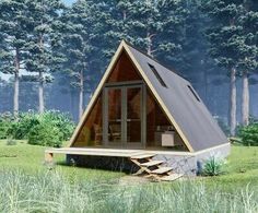 a small wooden cabin sitting in the middle of a field with trees and grass around it