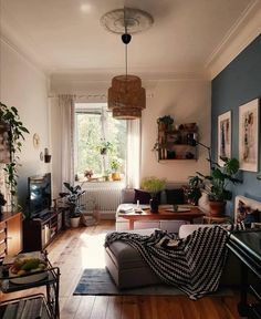 a living room filled with furniture and lots of plants on top of the windowsill