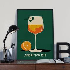 a poster with an orange and wine glass on the table next to a bookcase