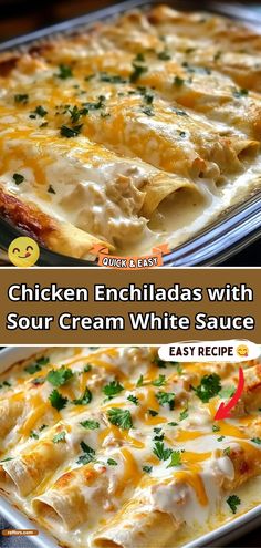 chicken enchiladas with sour cream white sauce in a casserole dish