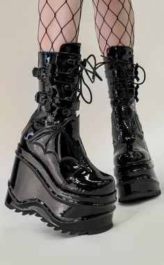 WAVE-150 Platform Batty Wedge Boots | Black Patent-Demonia-Tragic Beautiful Black Boots With Bat Wings, Goth Platforms, Demonia Boots, Punk Style Outfits, Futuristic Shoes, Demonia Shoes, Chunky Shoes, Bat Wing, Junk Drawer