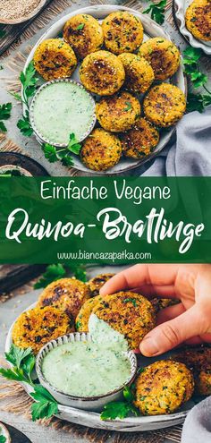 two plates with crab cakes on them and the words, enfrache vegane quinoa - brtifye