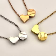 baseball necklace with charm, baseball necklace in gold, silver and rose gold with heart charm Cheerleading Basketball, Softball Birthday Parties, Softball Pictures Poses, Softball Backgrounds, Softball Jewelry, Softball Necklace, Softball Cheers, Softball Girls, Softball Workouts