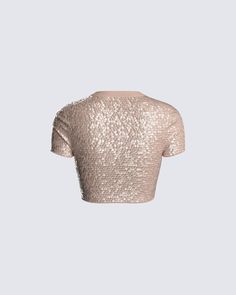 Lights, camera, sparkle ✨ Let your baddie vibes shine in this beige sequin cropped top. Made from stretch sequin fabric, and complete with short sleeves, a form-fitting style, and a contrast rib neckband 🤩 Evening Sequined Crop Top, Evening Sequin Crop Top, Stretch Tops With Contrast Sequin For Night Out, Contrast Sequin Cropped Top For Evening, Cropped Crop Top With Contrast Sequin For Evening, Evening Sequined Stretch Crop Top, Evening Sequin Stretch Crop Top, Glamorous Sequined Crop Top For Club, Contrast Sequin Crop Top For Spring Night Out