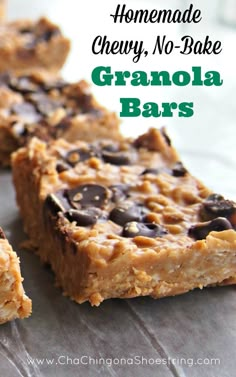 homemade chewy, no - bake granola bars with chocolate chips on top