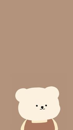 a white teddy bear wearing a brown shirt and pants with his eyes closed, standing in front of a brown background