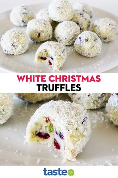 white christmas truffles with cranberry filling are on a plate next to each other