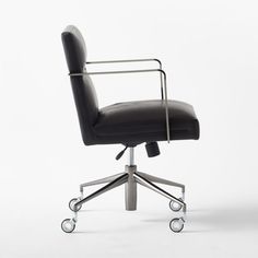 a black leather office chair with wheels on an isolated white background, viewed from the front