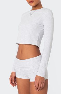 Get ready for serious off-duty lounging in this soft and stretch-kissed cotton-blend top cut in an abbreviated length. Crewneck Long sleeves 95% cotton, 5% spandex Machine wash, dry flat Imported Cotton On Long Sleeve Top, Long Sleeve Short Set, Comfy Lounge Wear Sets, Cute Long Sleeve Crop Tops, Long Sleeve Brandy Melville Top, Black Sets Outfit, Comfy Sets Women, Work Out Outfits Women Athletic Wear, Sweatpants With Crop Top