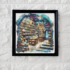 a watercolor painting of a library with bookshelves and shelves on the wall