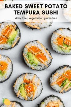 baked sweet potato tempura sushi with avocado and carrots on top