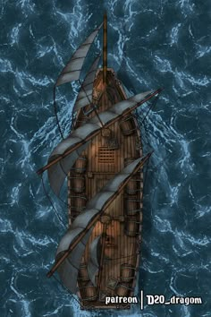 an image of a boat in the ocean with sails on it's back end