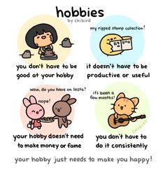 an image of cartoon characters with words describing hobies and how to use them for advertising