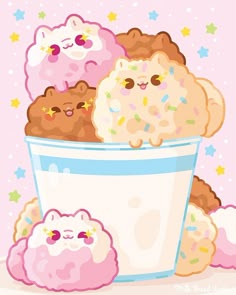 three donuts in a cup with sprinkles and stars on the background