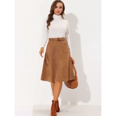 Nwt Women's Allegra K Casual Faux Suede Pockets Stretch A-Line Midi Skirt With Belt Caramel Our Items Are Carefully Examined, Measured & Photographed In A Smoke Free Environment. We Do Our Best To Describe Accurately & Measure Approximately At The Time Of Listing. Please See Photos For Measurements, Fabric Contents, & Care Instructions. Outfit Navidad, Midi Skirt With Belt, Aline Midi Skirt, Suede Midi Skirt, Cage Skirt, Midi Skirt With Pockets, Ruffle Bodycon, Black Lace Skirt, Skirt With Belt